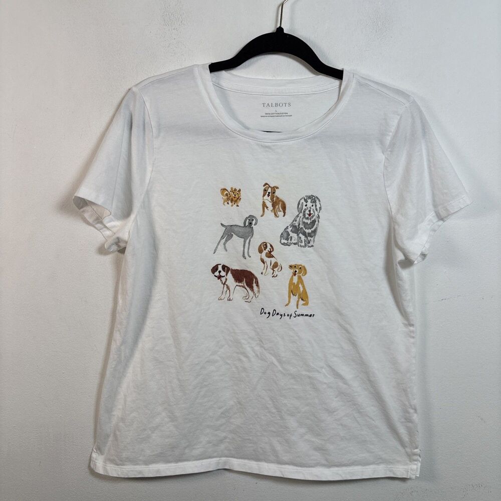 Talbots Dog Days of Summer Graphic T-Shirt White 100% Cotton Size L